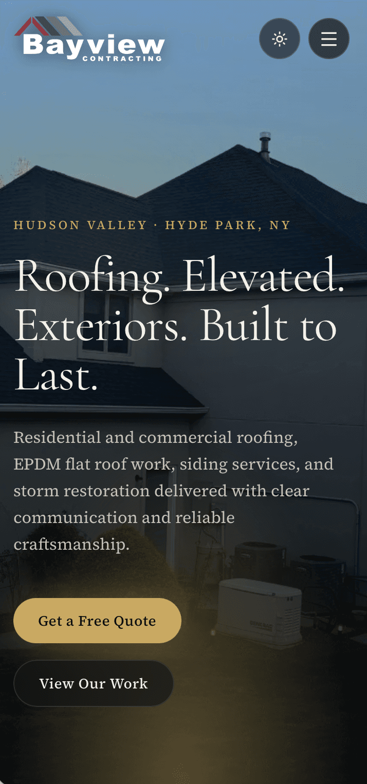 Mobile screenshot of the Bayview Roofing website.