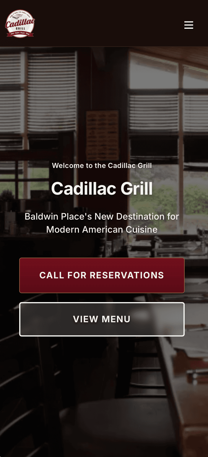Mobile screenshot of the Cadillac Grill website.