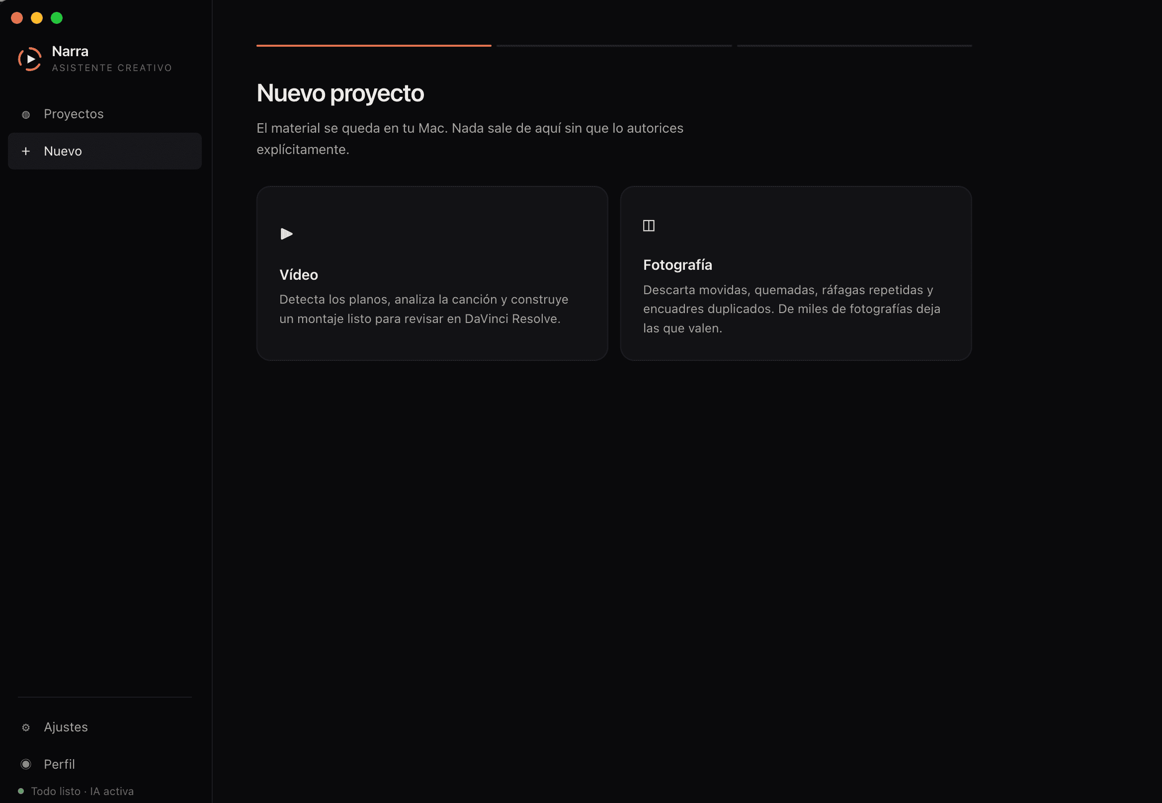 Narra projects screen screenshot.