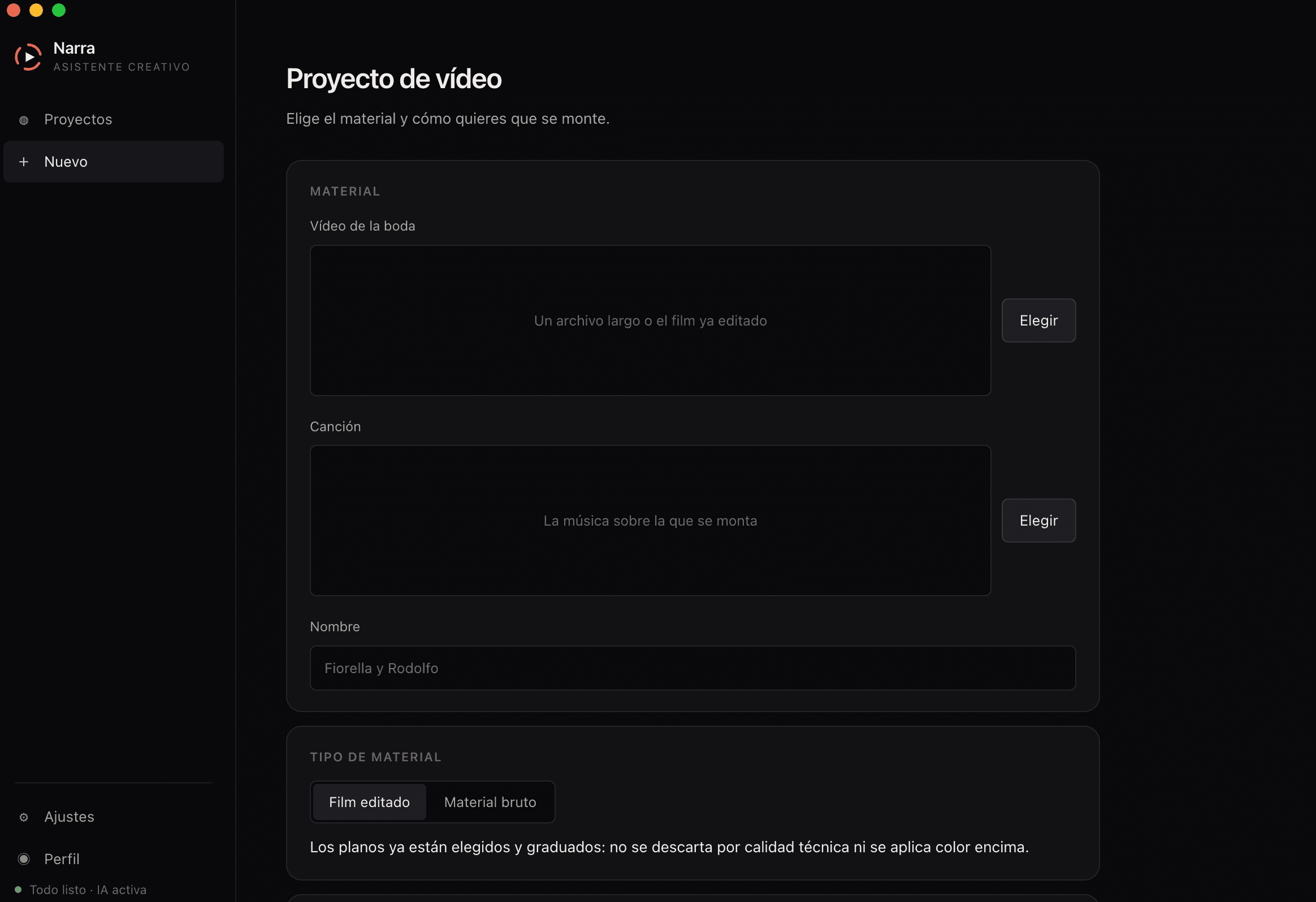 Narra video project workspace screenshot.